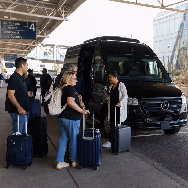 Group boarding a white charter bus for Airport Transportation transportation in Phoenix