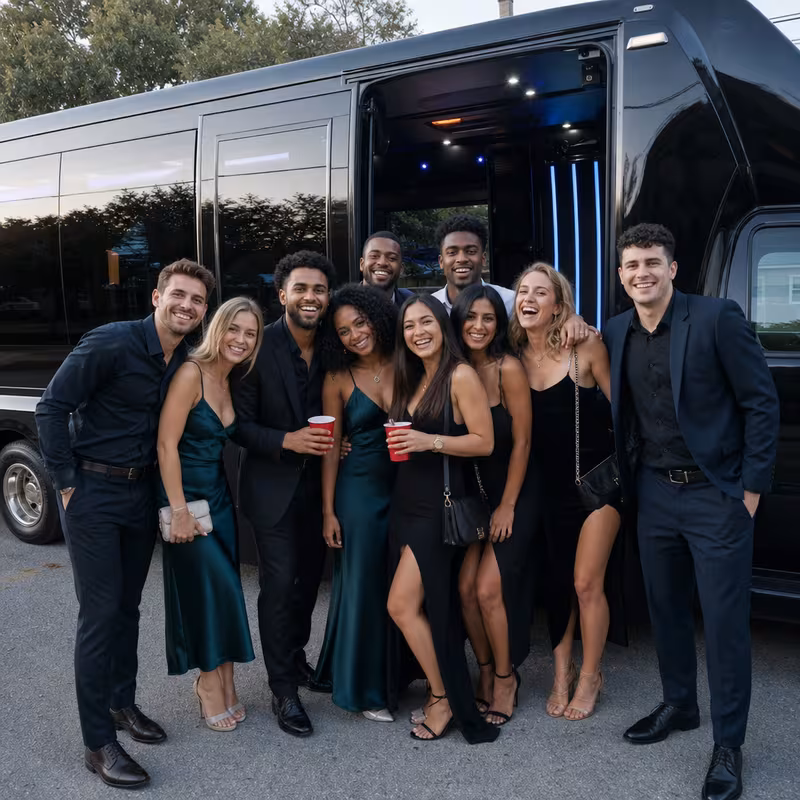 Group boarding a white charter bus for Birthday Transportation transportation in Phoenix