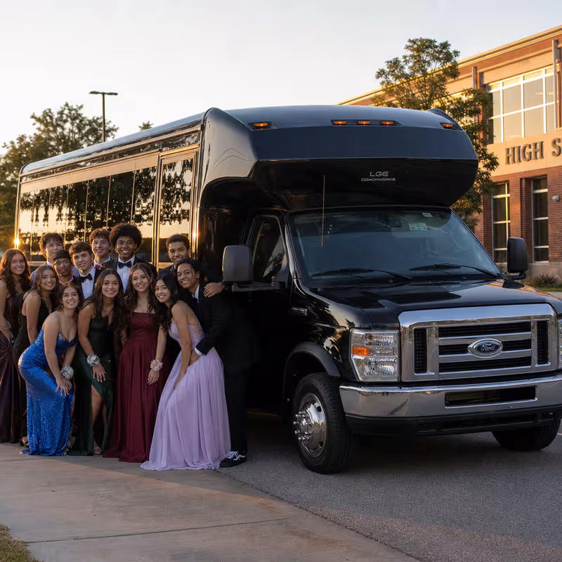 Group boarding a white charter bus for Prom & Homecoming Transportation transportation in Phoenix