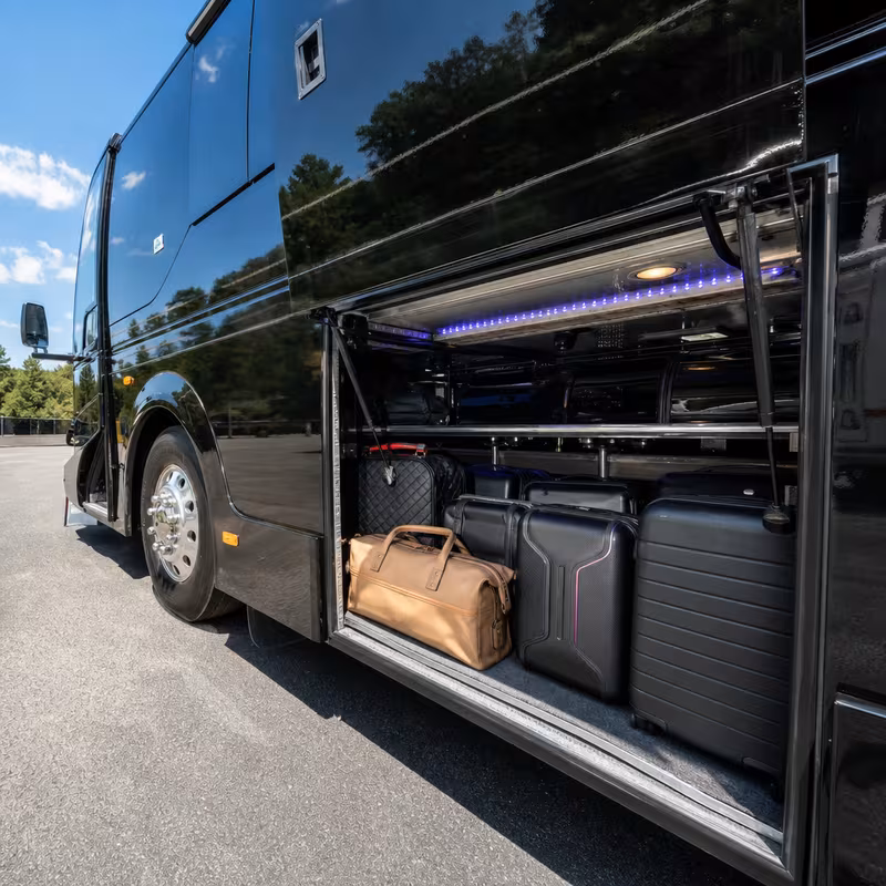 Party bus interior with wraparound leather seating and LED lighting in Phoenix